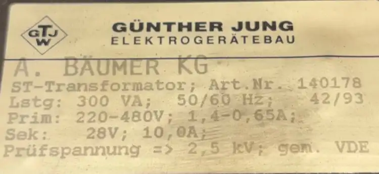 Günther-Jung-140178-Transformator-220-480V-28V-300VA-50-60Hz-3
